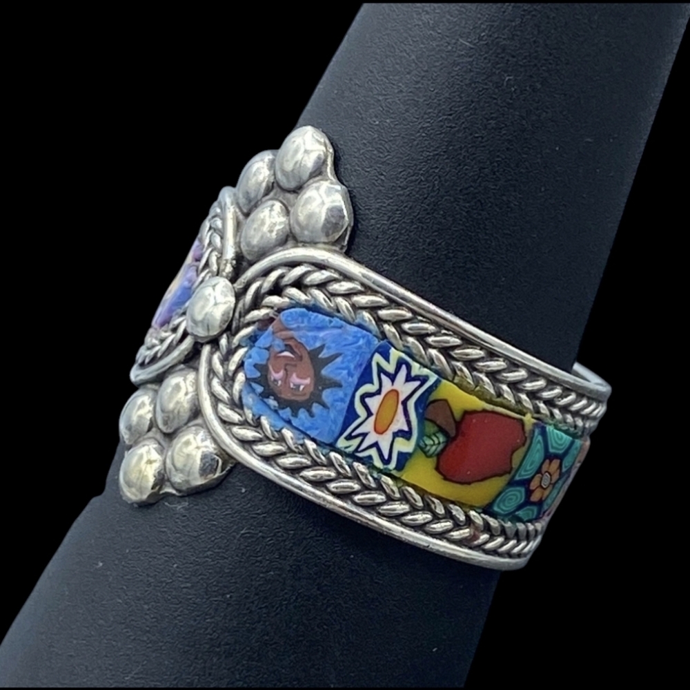 Vintage Size 8 Enamel Millefiori and 925 Sterling Silver Ring - Picture 3 of 5
